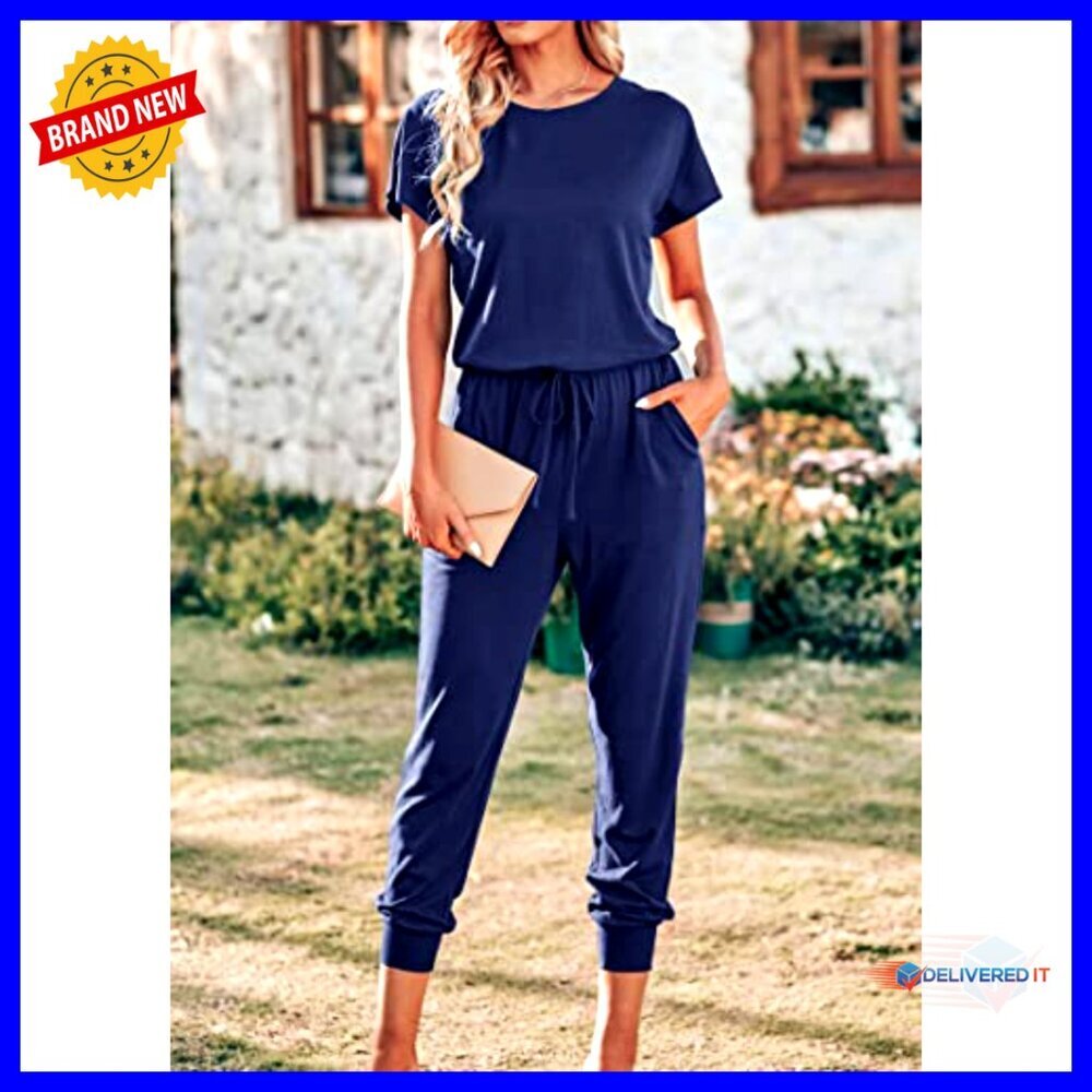 Short Sleeve Jumpsuit Casual Loose Fit Lightweight Summer Travel Outfit - Picture 3 of 7